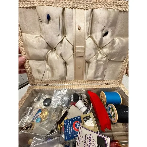 Vintage Sewing Basket Kit Wicker Box w Supplies Needles Thread Buttons Crochet - Picture 2 of 10